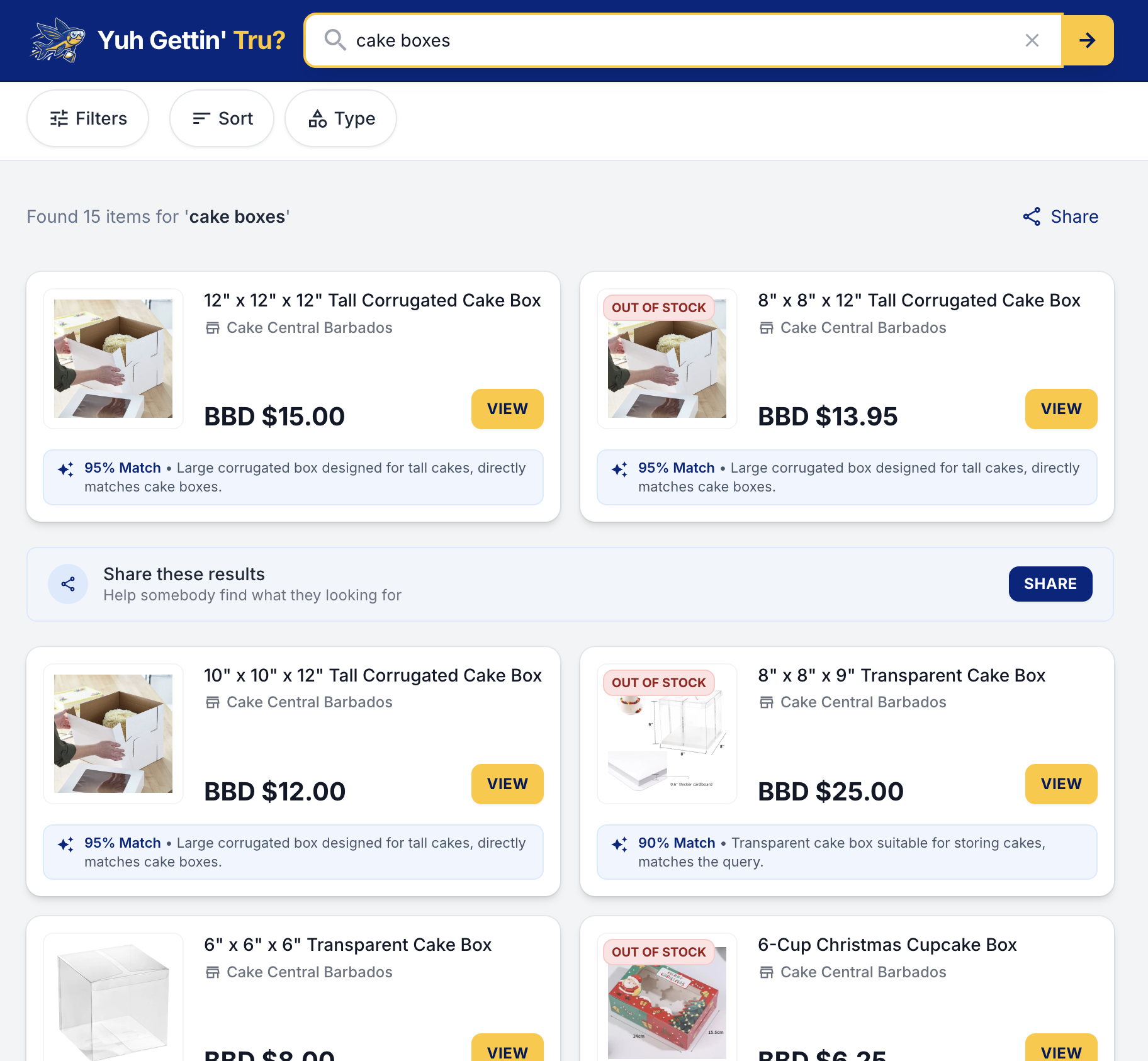 Searching for baking supplies on Yuh Gettin' Tru